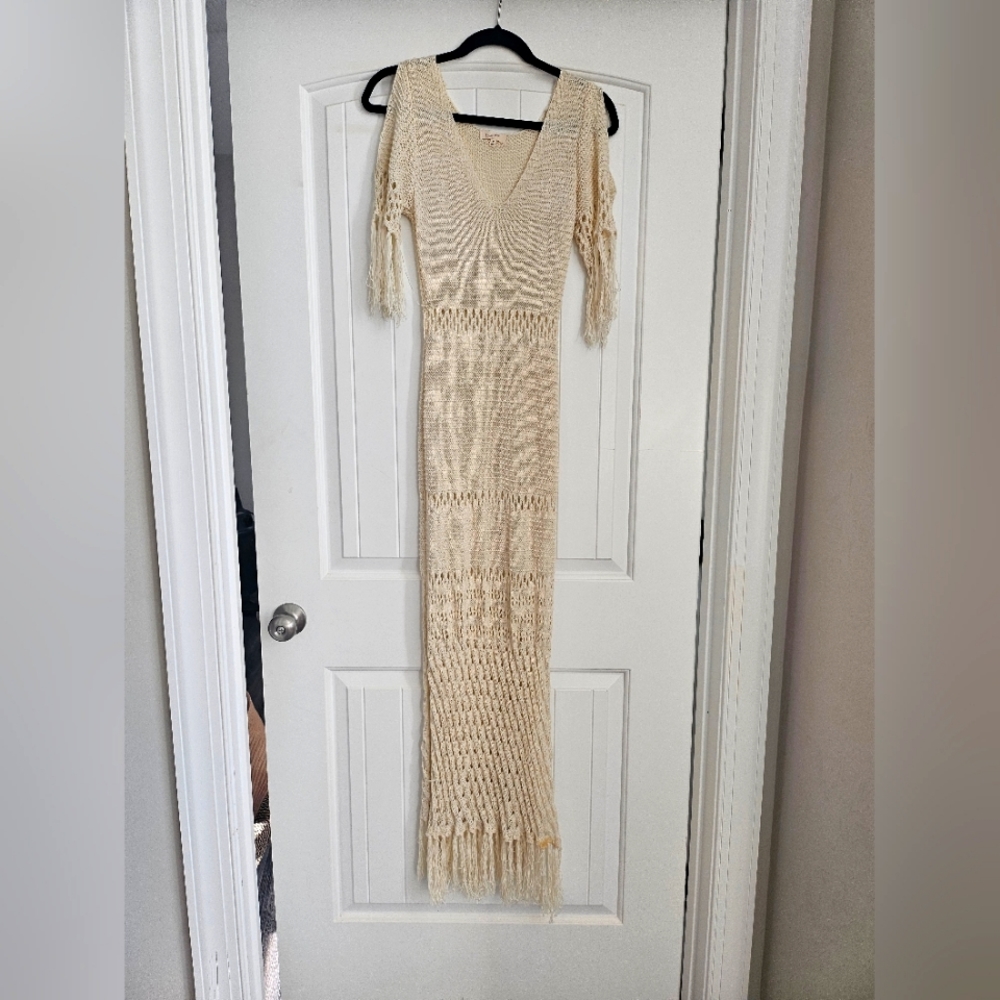 Cream Colored Crochet Knit Maxi Dress